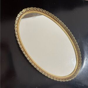 Vintage Gold Filigree Oval Vanity Mirror Tray Hollywood Regency Dresser Decor